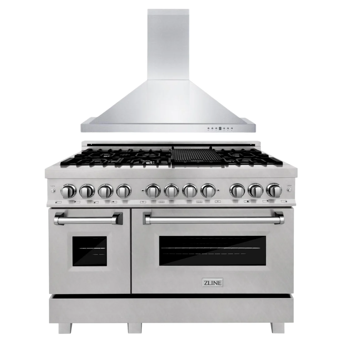 ZLINE 48 in. Dual Fuel Range with DuraSnow® Door & 48 in. Range Hood, 2KP-RASNRH48 - Cheap Abt