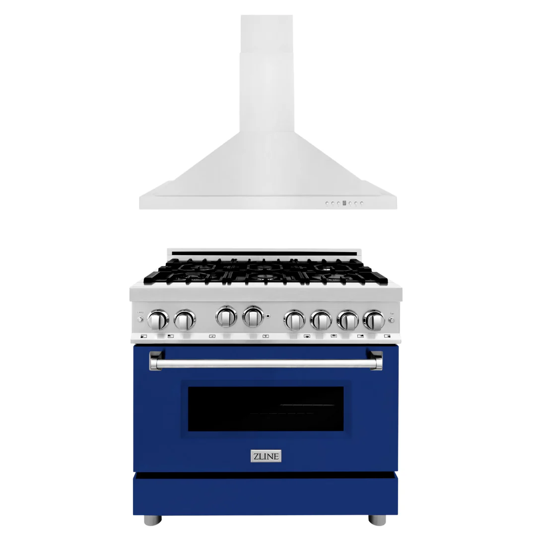 ZLINE 36 in. Gas Range with Blue Gloss Door & 36 in. Range Hood Appliance Package, 2KP-RGBGRH36 - Cheap Abt