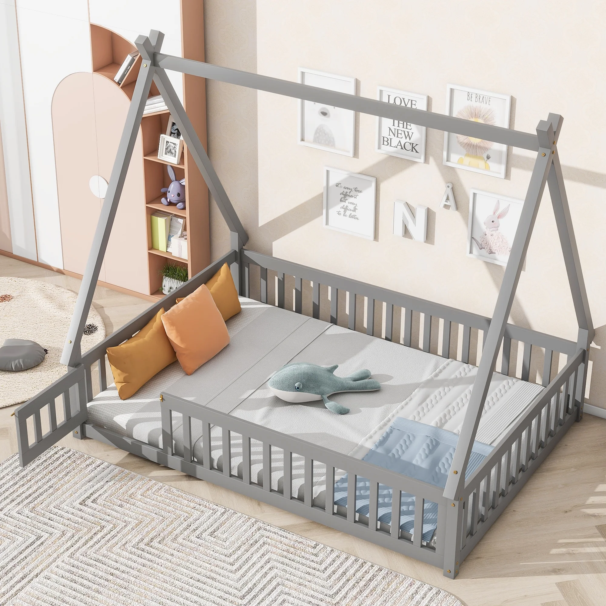 Full Tent-shaped Floor Bed. with Guardrails. Slats. Door .Grey - Cheap Abt