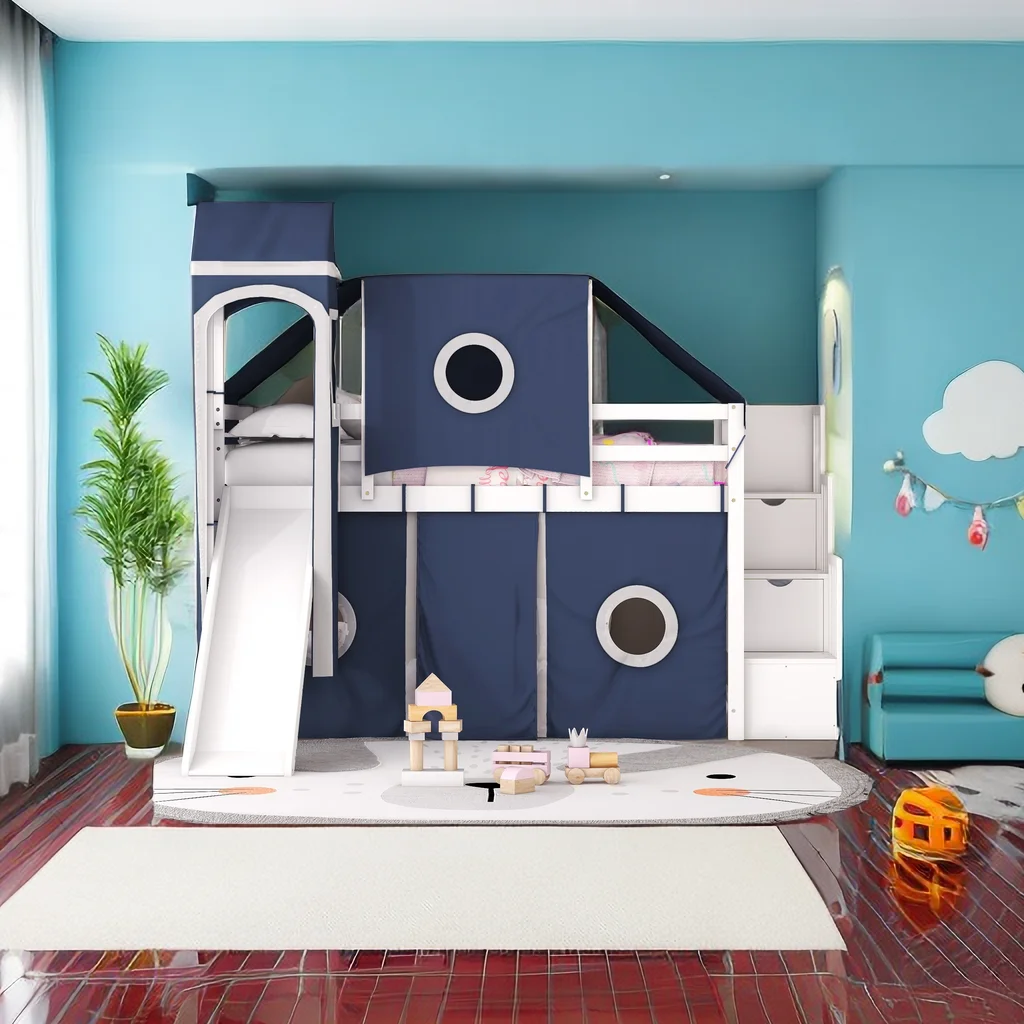 Twin Size Castle Loft Bed with Blue Tent and Tower.Wood Twin Loft Bed with Slide and Staircase - Cheap Abt