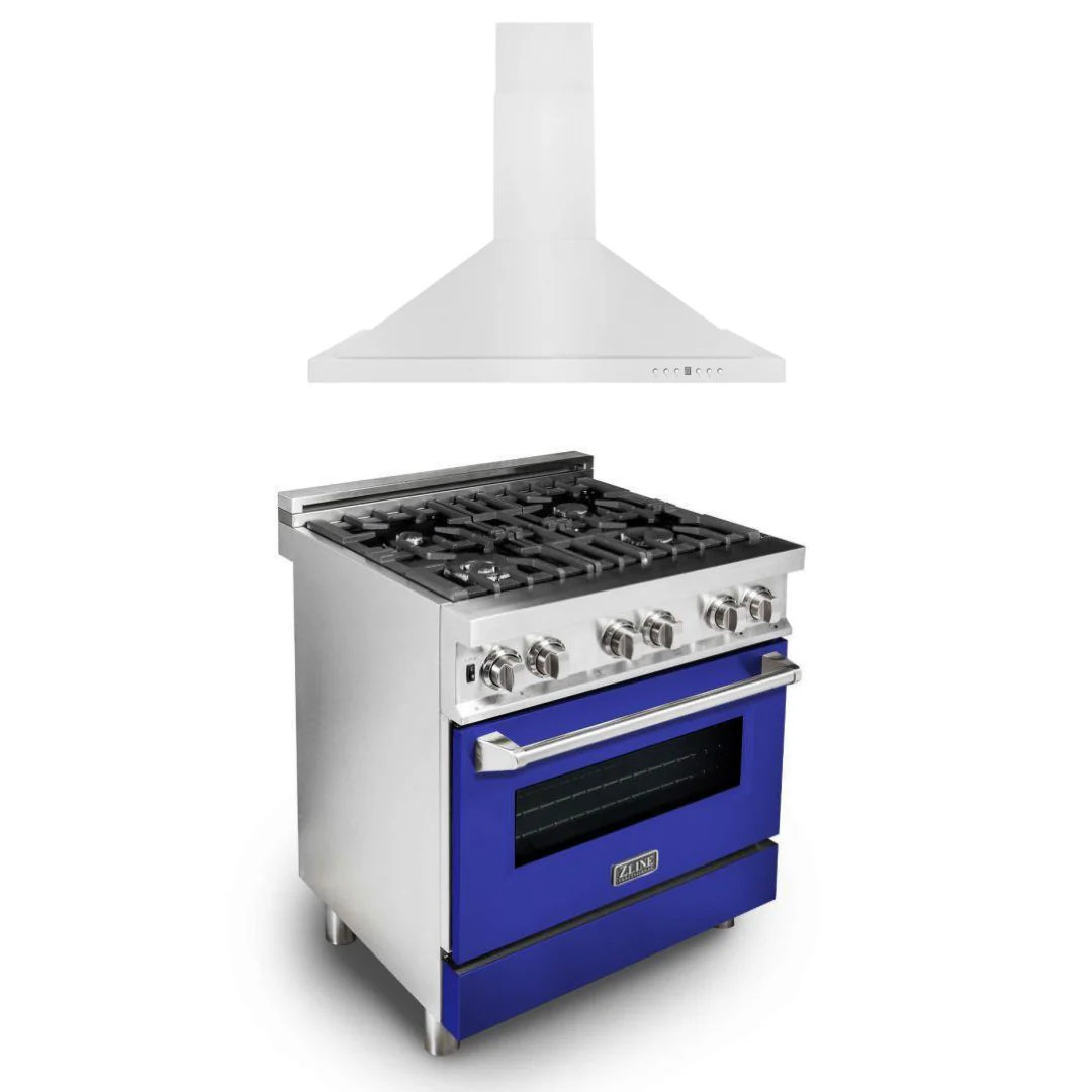 ZLINE 30 in. Dual Fuel Range with Blue Matte Door & 30 in. Range Hood Appliance Package, 2KP-RABMRH30 - Cheap Abt