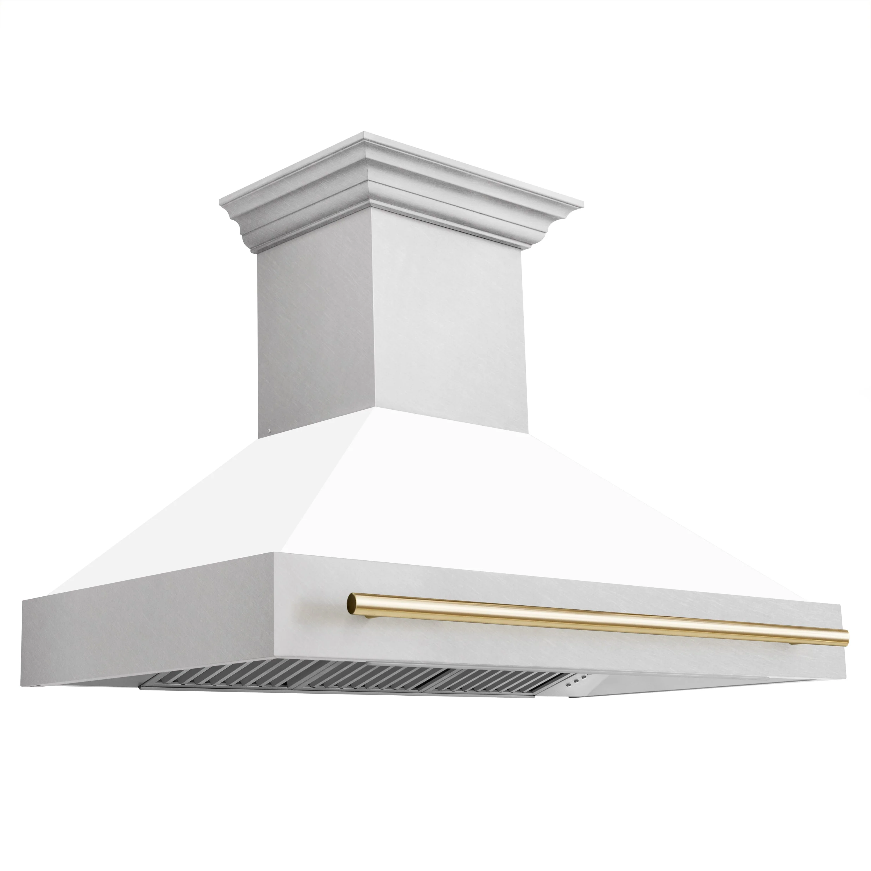 ZLINE Autograph 48 Inch DuraSnow® Stainless Steel Range Hood with White Matte Shell and Gold Handle, 8654SNZ-WM48-G - Cheap Abt