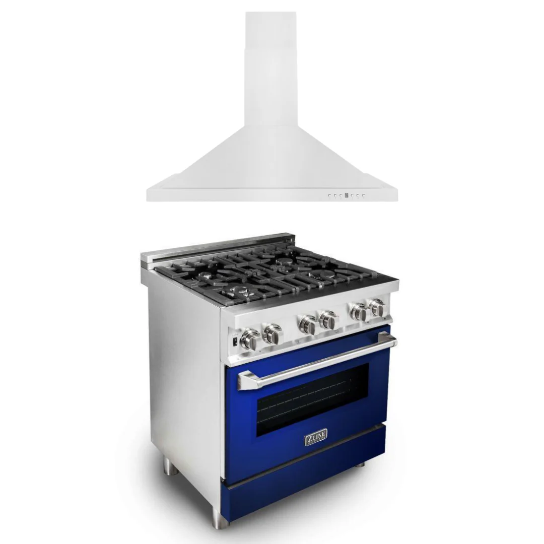 ZLINE 30 in. Dual Fuel Range in Blue Gloss & 30 in. Range Hood Appliance Package, 2KP-RABGRH30 - Cheap Abt