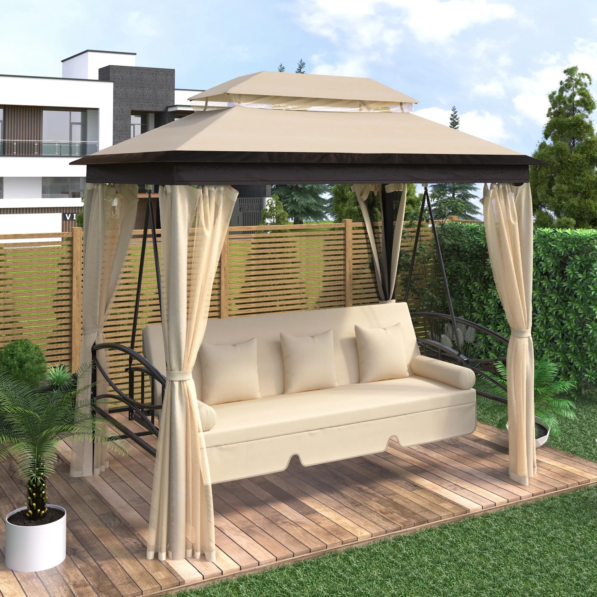 Algherohein Outdoor Canopy Swing Bed. 3 Seat Patio Gazebo Swing Chair for Balconies. Gardens.Beige - Cheap Abt