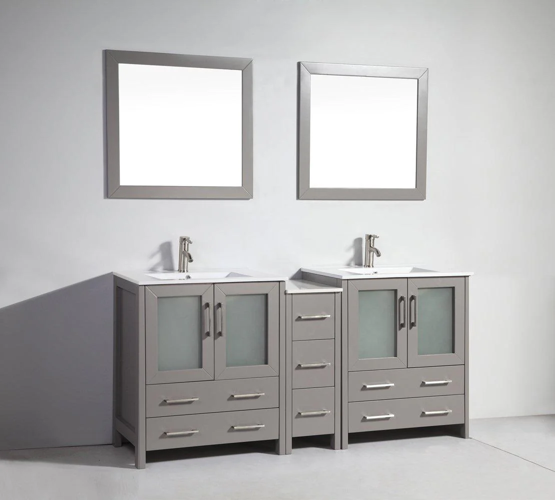 Vanity Art 72 in. Double Sink Vanity Cabinet with Ceramic Sink & Mirror (Single Cabinet) - Grey, VA3030-72G - Cheap Abt
