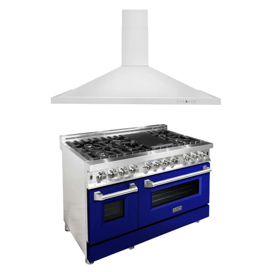 ZLINE 48 in. Dual Fuel Range with Blue Gloss Door & 48 in. Range Hood Appliance Package, 2KP-RABGRH48 - Cheap Abt