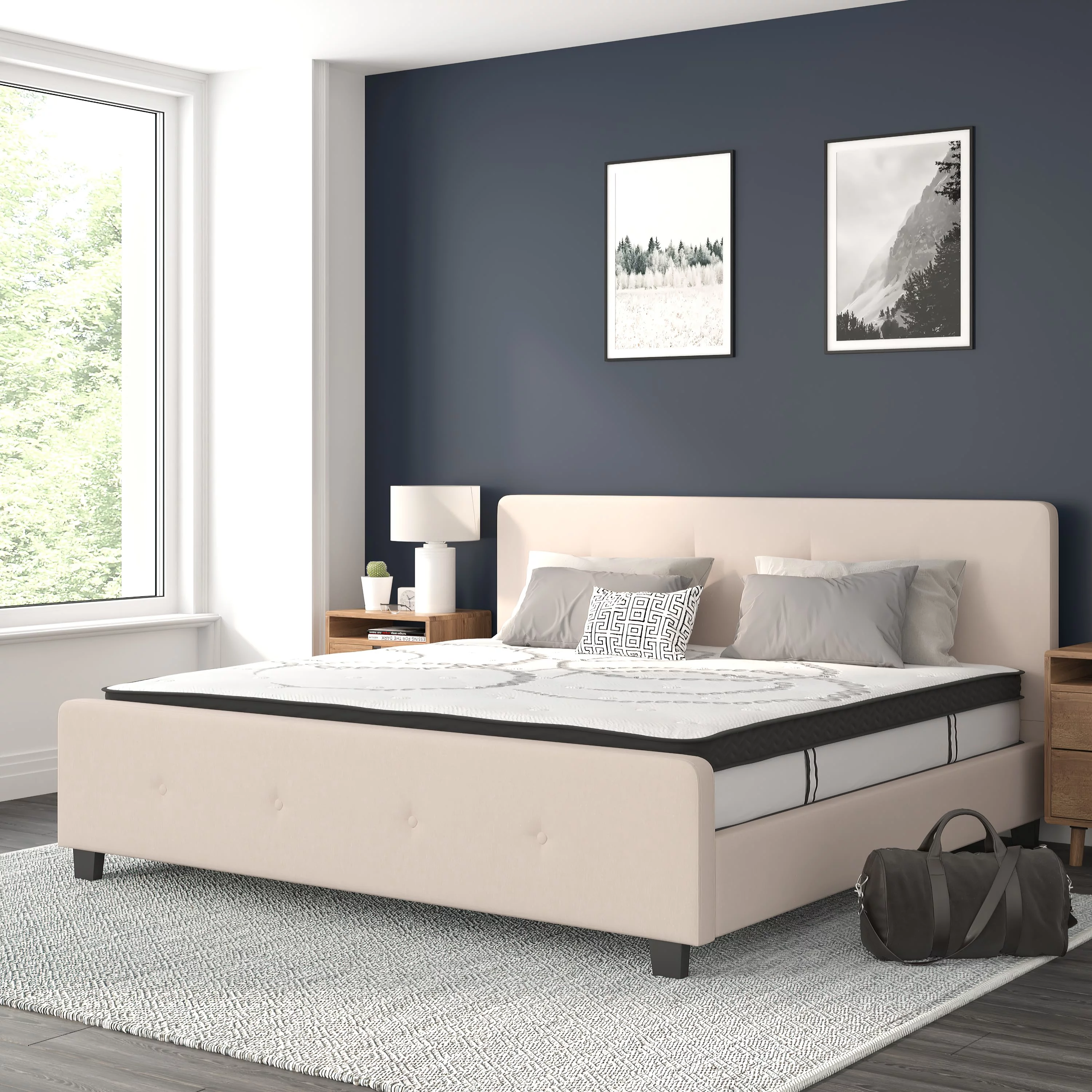 BizChair Tribeca King Size Tufted Upholstered Platform Bed in Beige Fabric with 10 Inch CertiPUR-US Certified Pocket Spring Mattress - Cheap Abt