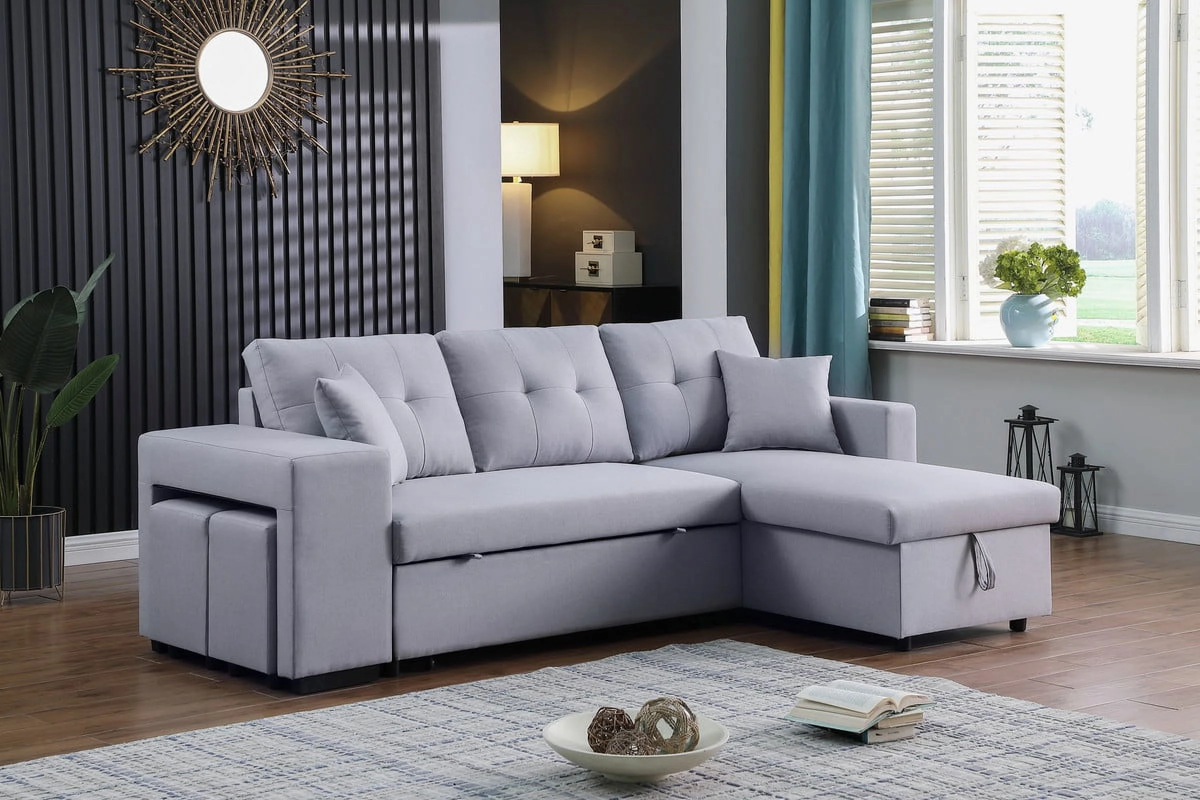 Dennis Light Gray Linen Fabric Reversible Sleeper Sectional Storage Chaise Stool - Cheap Abt