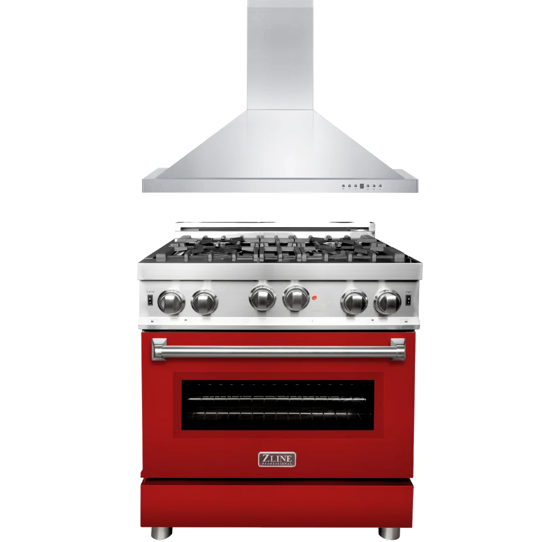 ZLINE 30 in. Gas Range with Red Matte Door & 30 in. Range Hood Appliance Package, 2KP-RGRMRH30 - Cheap Abt