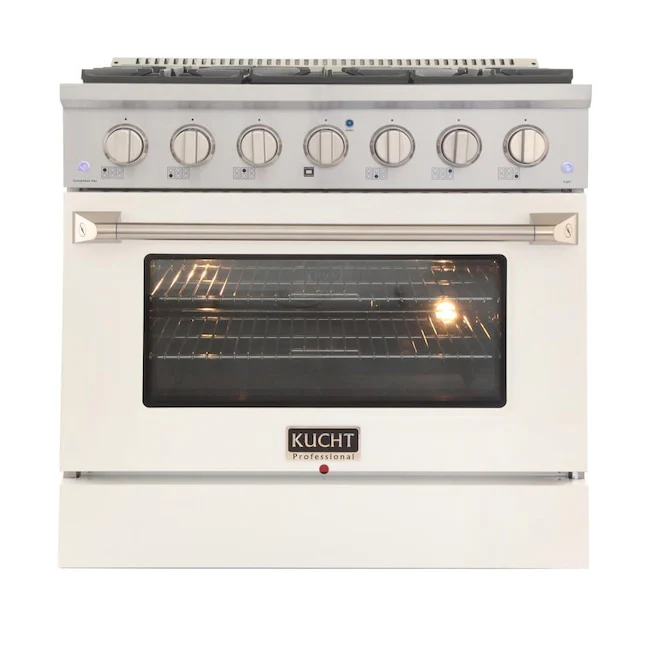 Kucht Professional 36 in. 5.2 cu ft. Propane Gas Range with White Door and Silver Knobs, KNG361/LP-W - Cheap Abt