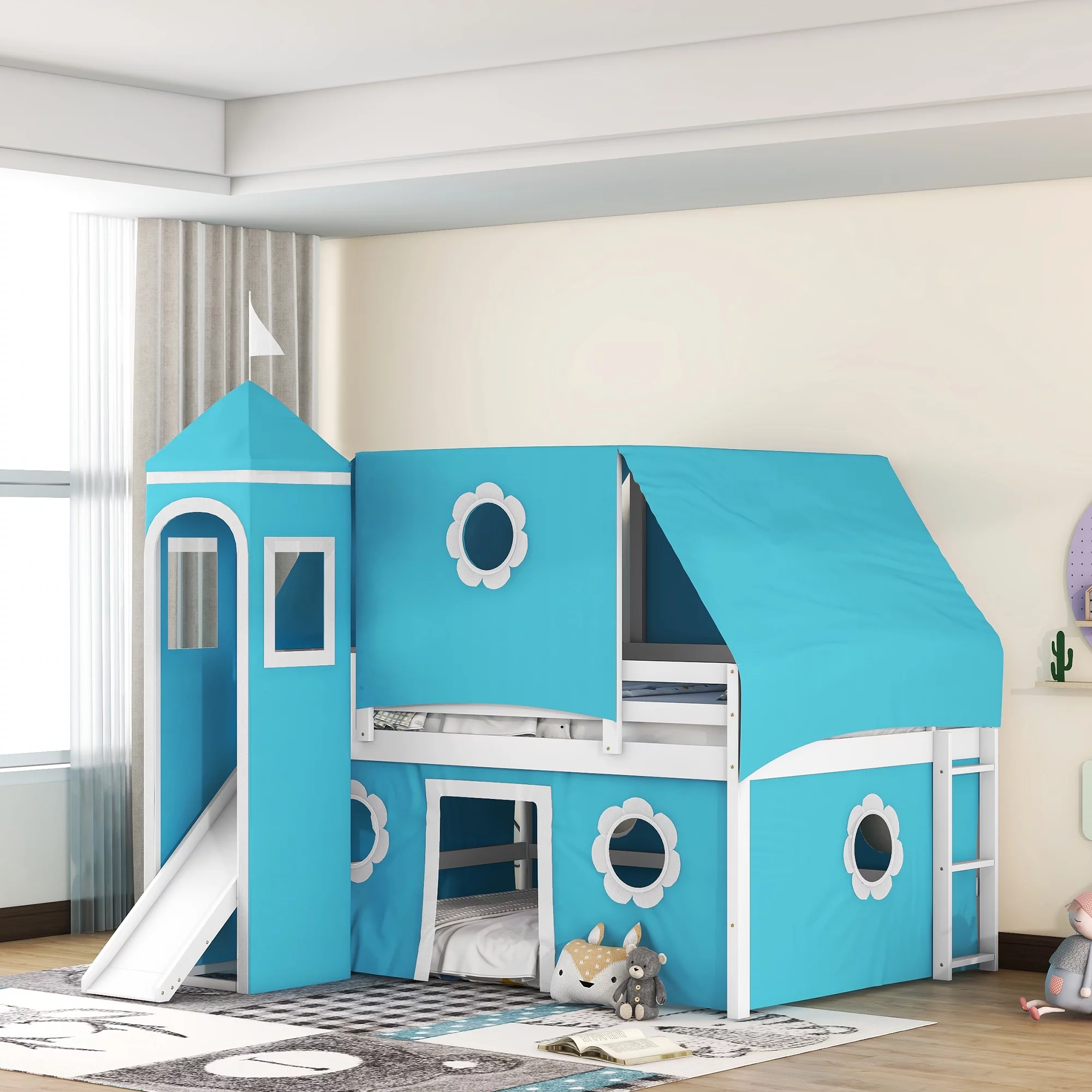 Wood Bunk Bed with Ladder & Safety Guardrail. Solid Wood Bed Frame for Dormitory & Multiple-Child Family. Bunk Bed with Slide Blue Tent and Tower(Blue. Full) - Cheap Abt