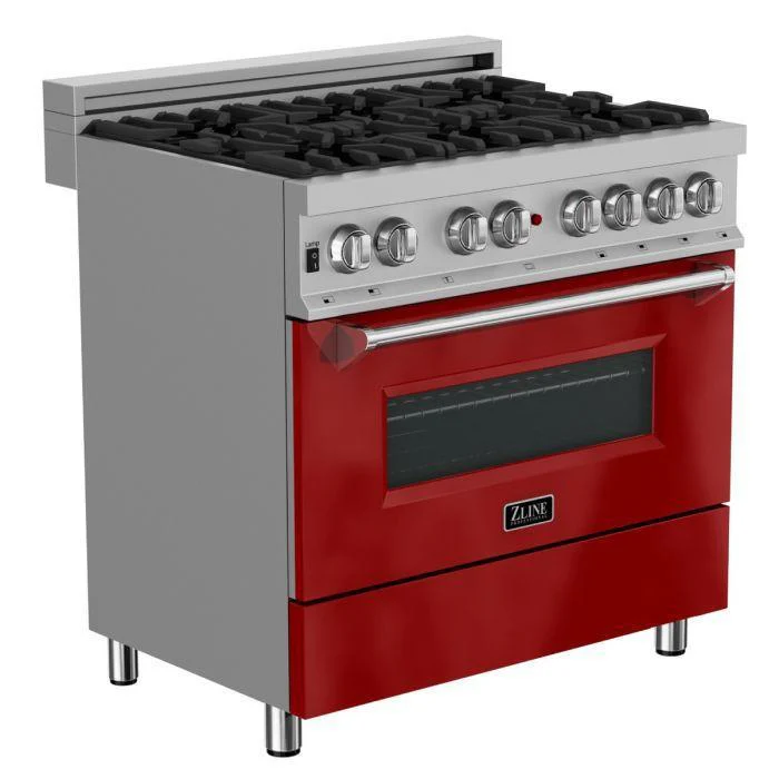 ZLINE Kitchen and Bath 36 in. Professional Gas Burner/Electric Oven in DuraSnow® Stainless with Red Gloss Door, RAS-RG-36 - Cheap Abt
