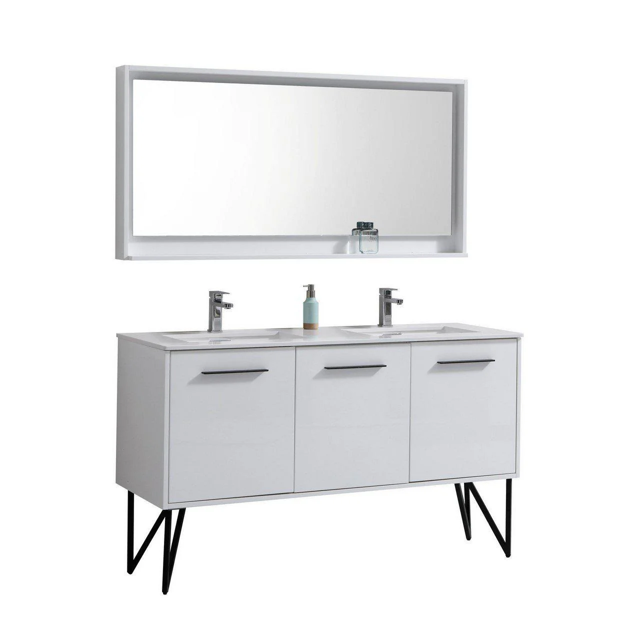 Bosco 60 in. Double Sink Modern Bathroom Vanity w/ Quartz Countertop and Matching Mirror - High Gloss White - Cheap Abt