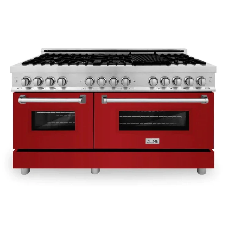 ZLINE 60 In. Professional Dual Fuel Range in DuraSnow®Stainless Steel with Red Matte Door, RAS-RM-60 - Cheap Abt