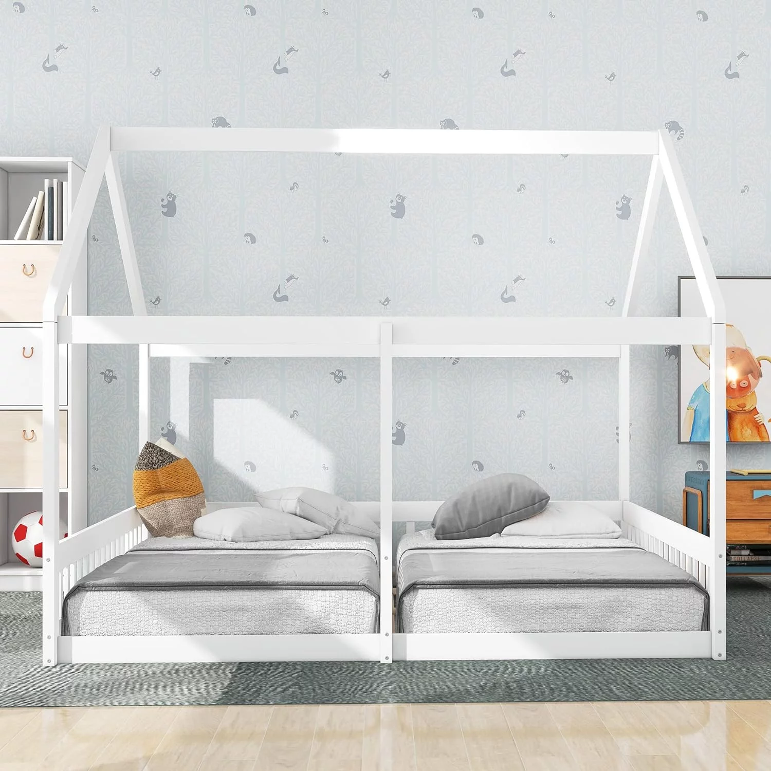 House Bed For 2 Kids. Double Shared Size Beds. Wooden Toddler. Montessori. Floor. Teens. Boys & Girls. Can Be Decorated Tent (Double. White) - Cheap Abt