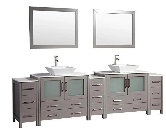 Vanity Art 108 in. Double Sink Vanity Cabinet with Ceramic Vessel Sink & Mirror - Grey, VA3136-108G - Cheap Abt