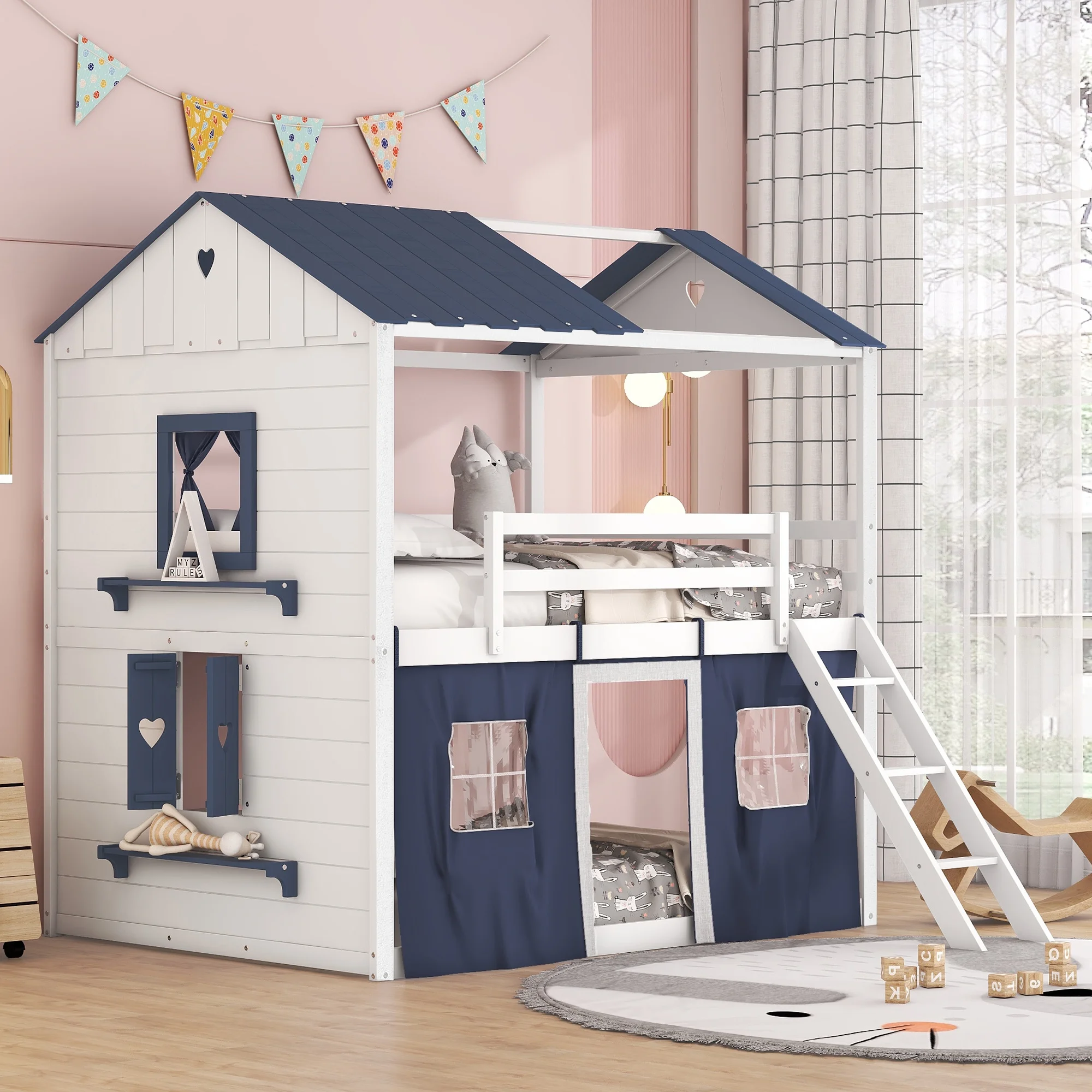 CoSoTower Full Size Bunk Wood House Bed with Elegant Windows. Sills and Tent. Blue+White - Cheap Abt
