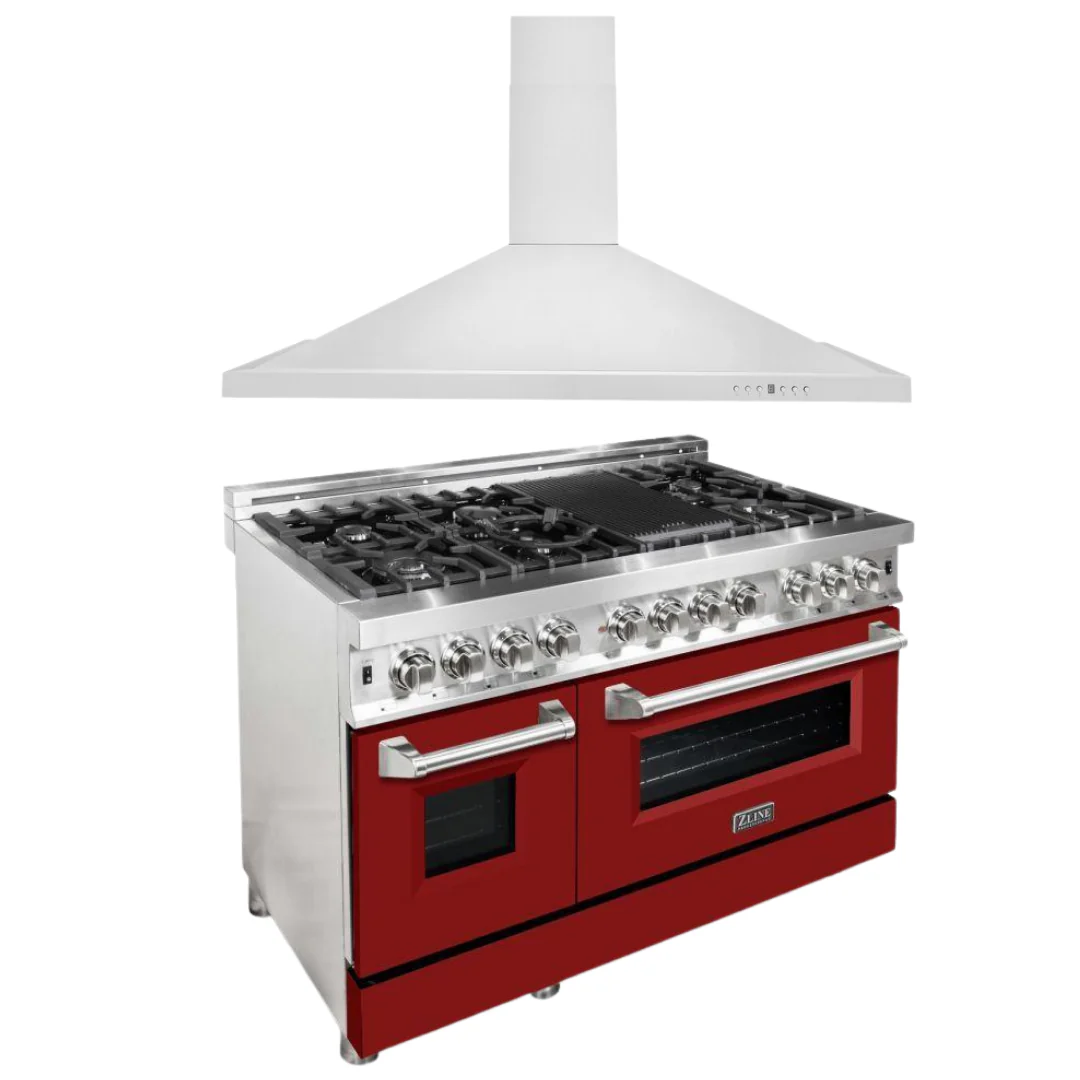 ZLINE 48 in. Dual Fuel Range with Red Matte Door & 48 in. Range Hood Appliance Package, 2KP-RARMRH48 - Cheap Abt
