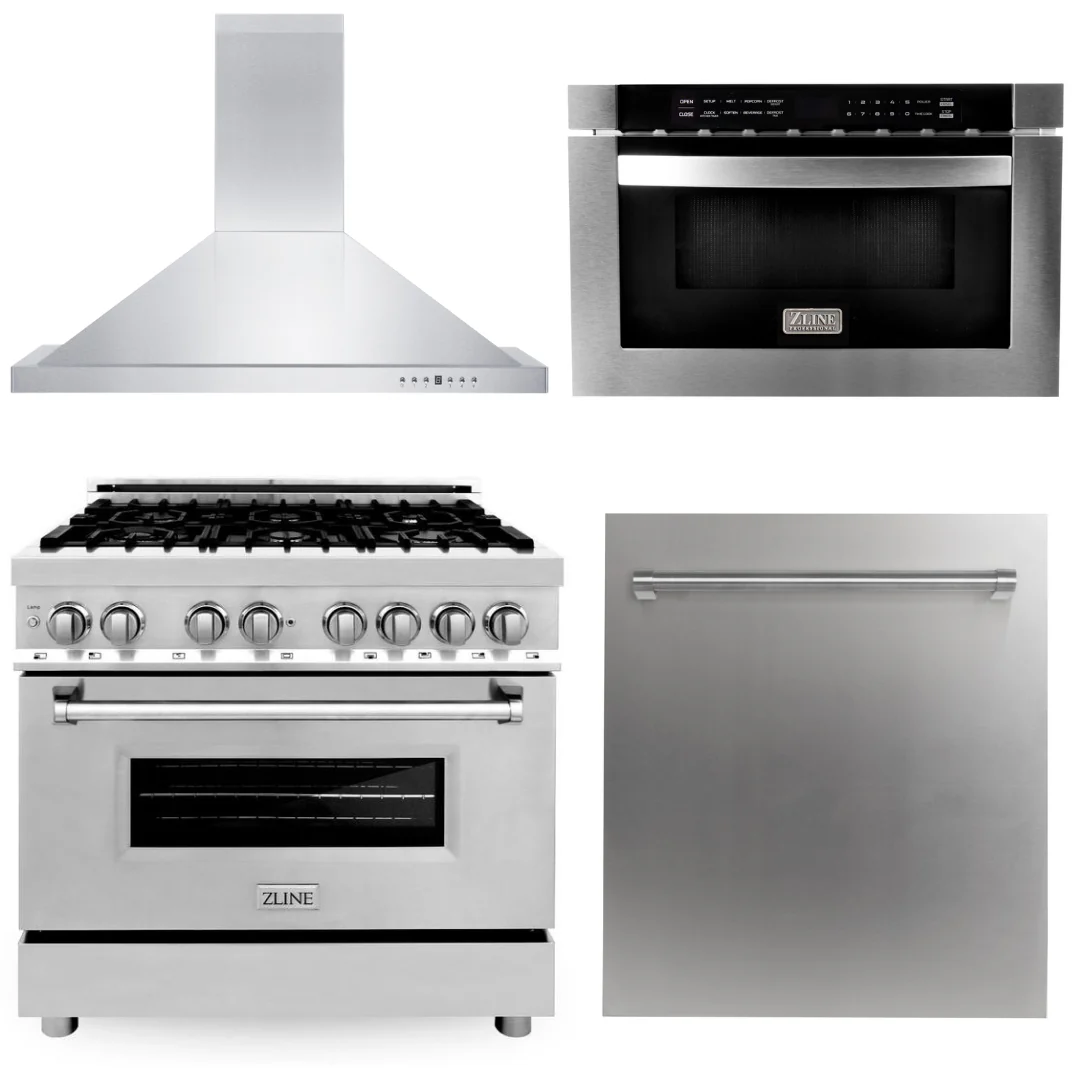 ZLINE Appliance Package 4 Piece Bundle - 36 in. Dual Fuel Range, Range Hood, Microwave Drawer & Dishwasher, AB-RA36-3 - Cheap Abt