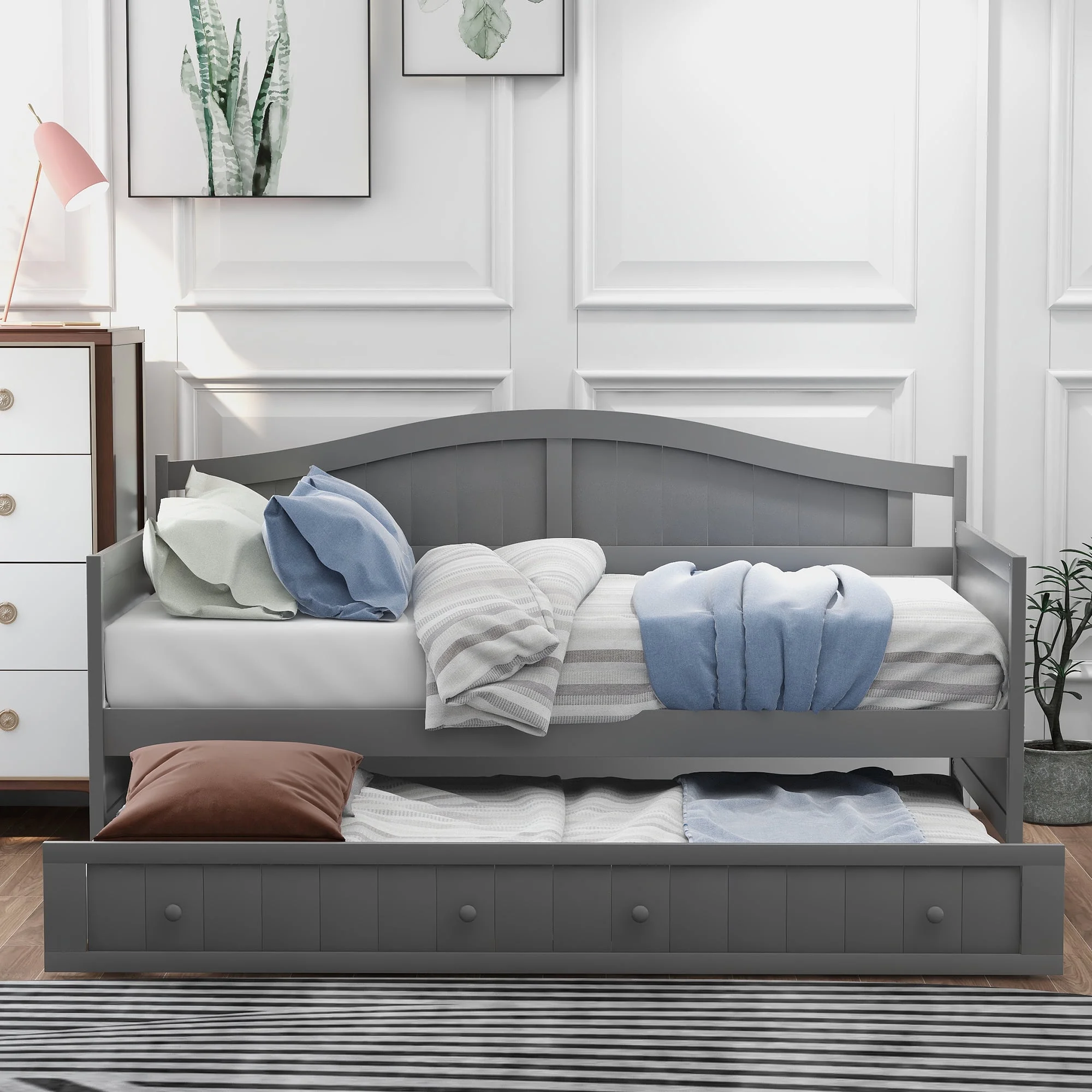 Grey Double Wooden Sofa Bed Modern Pull Out Chair Bed with Roller Bed Bedroom Living Room Sofa Bed Classic Arched Profile Suitable for Living Room Small Apartments - Cheap Abt