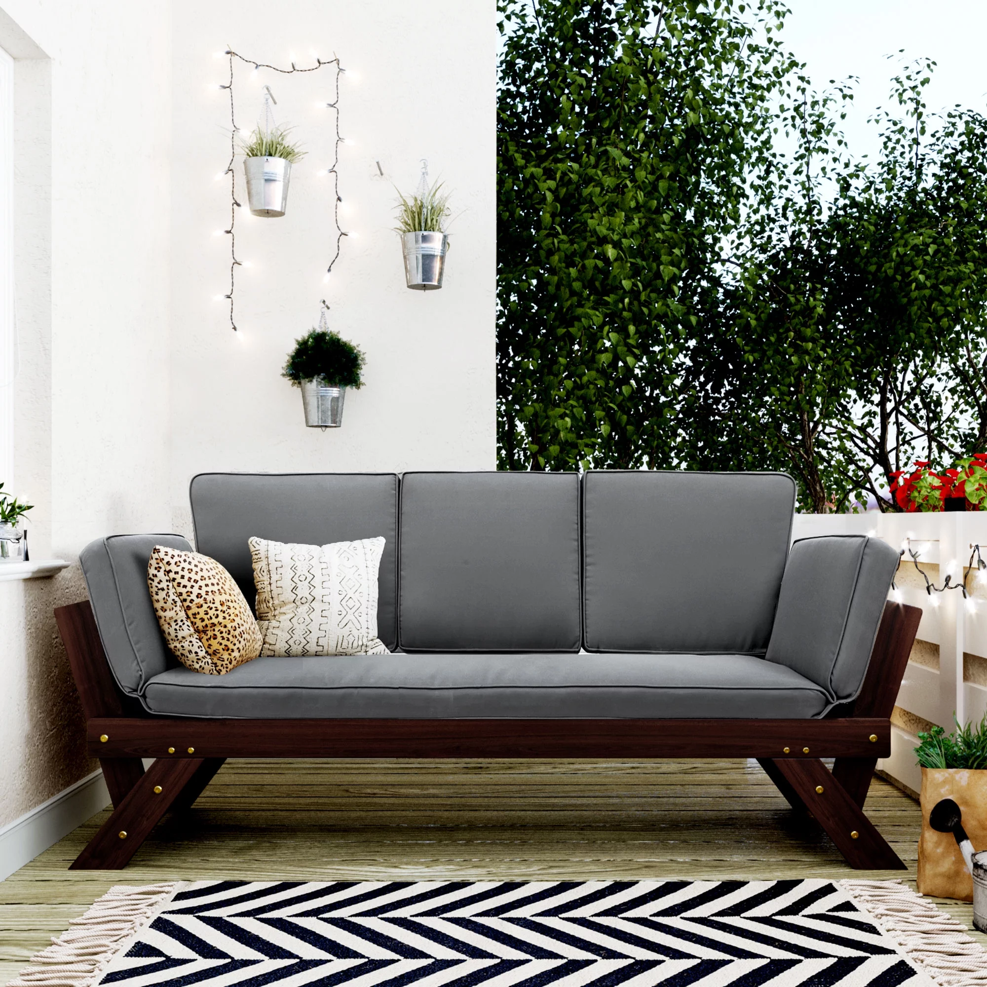 Patio Sectional Furniture Outdoor Couch. Wood Futon Sofa Adjustable Lounge Chair. Deck Poolside Garden Daybed Sofa with Cushions. Brown Finish + Gray Cushion - Cheap Abt