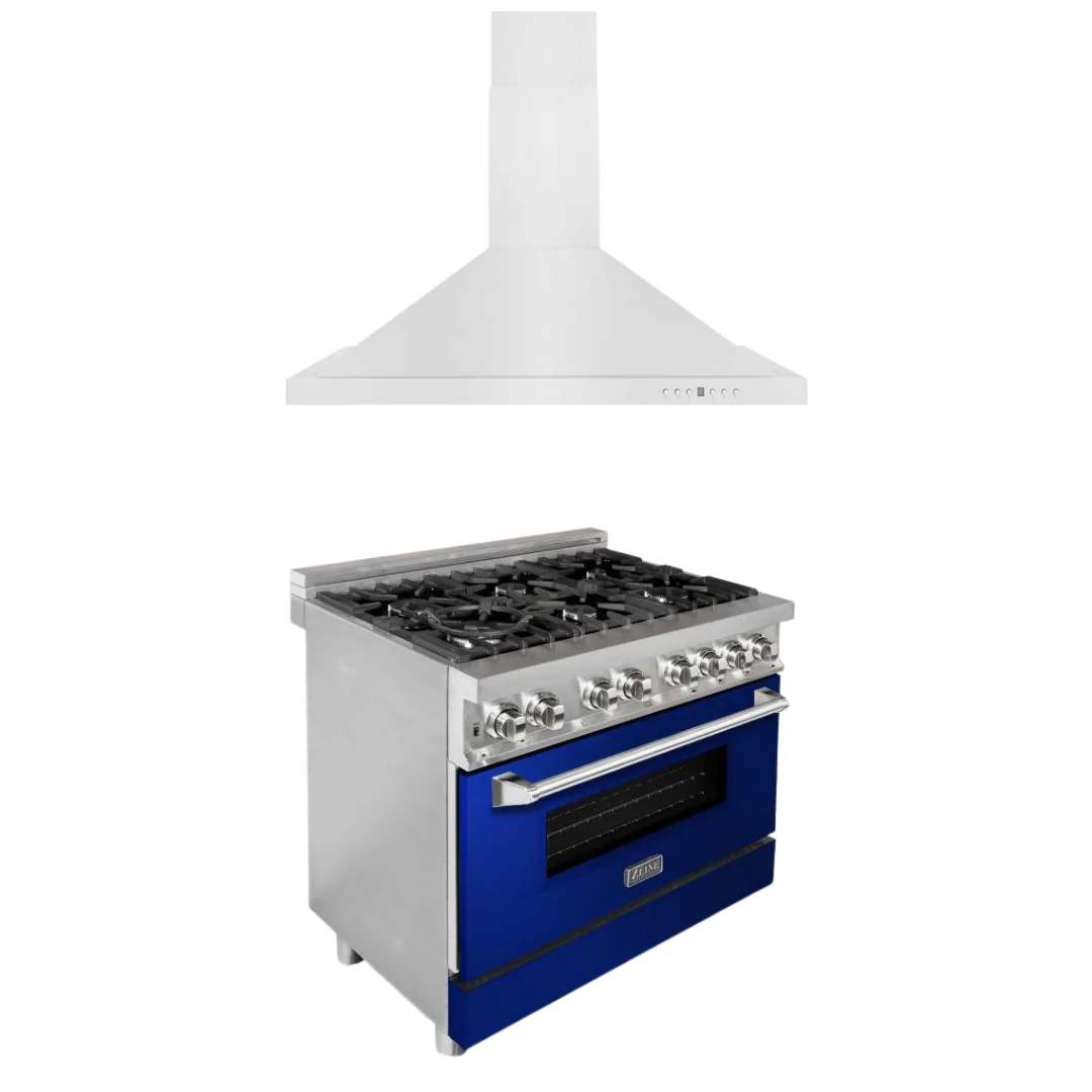 ZLINE 36 in. Dual Fuel Range with Blue Gloss Doors & 36 in. Range Hood Appliance Package, 2KP-RABGRH36 - Cheap Abt