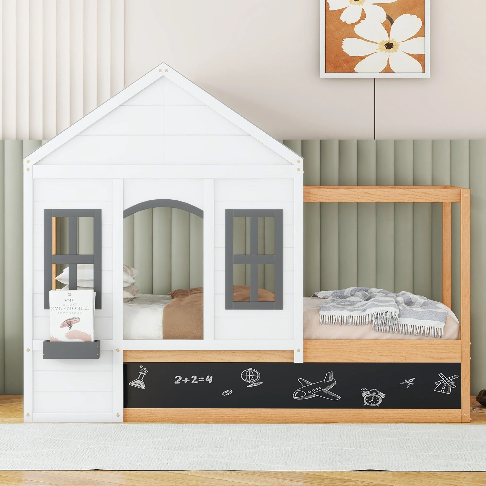 Twin Size House Shaped Canopy Bed with Black Roof & White Window. Tent Bed Cabin Platform Bed with Blackboard & Little Shelf - Cheap Abt