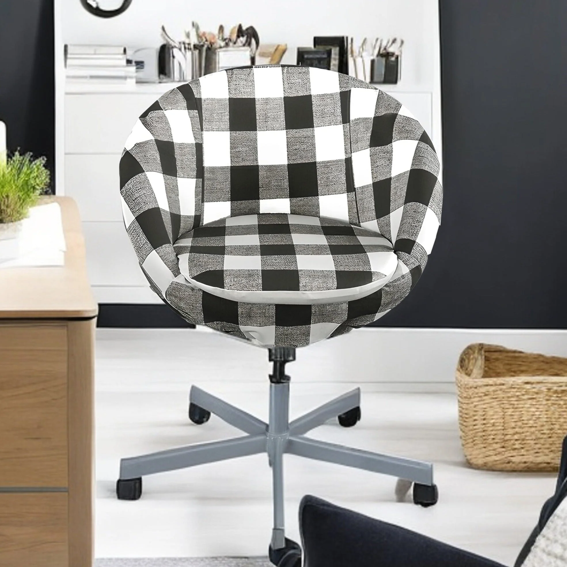 Compatible with IKEA SKRUVSTA. Black Buffalo Check Scandinavian Chair Slip Cover - Cheap Abt