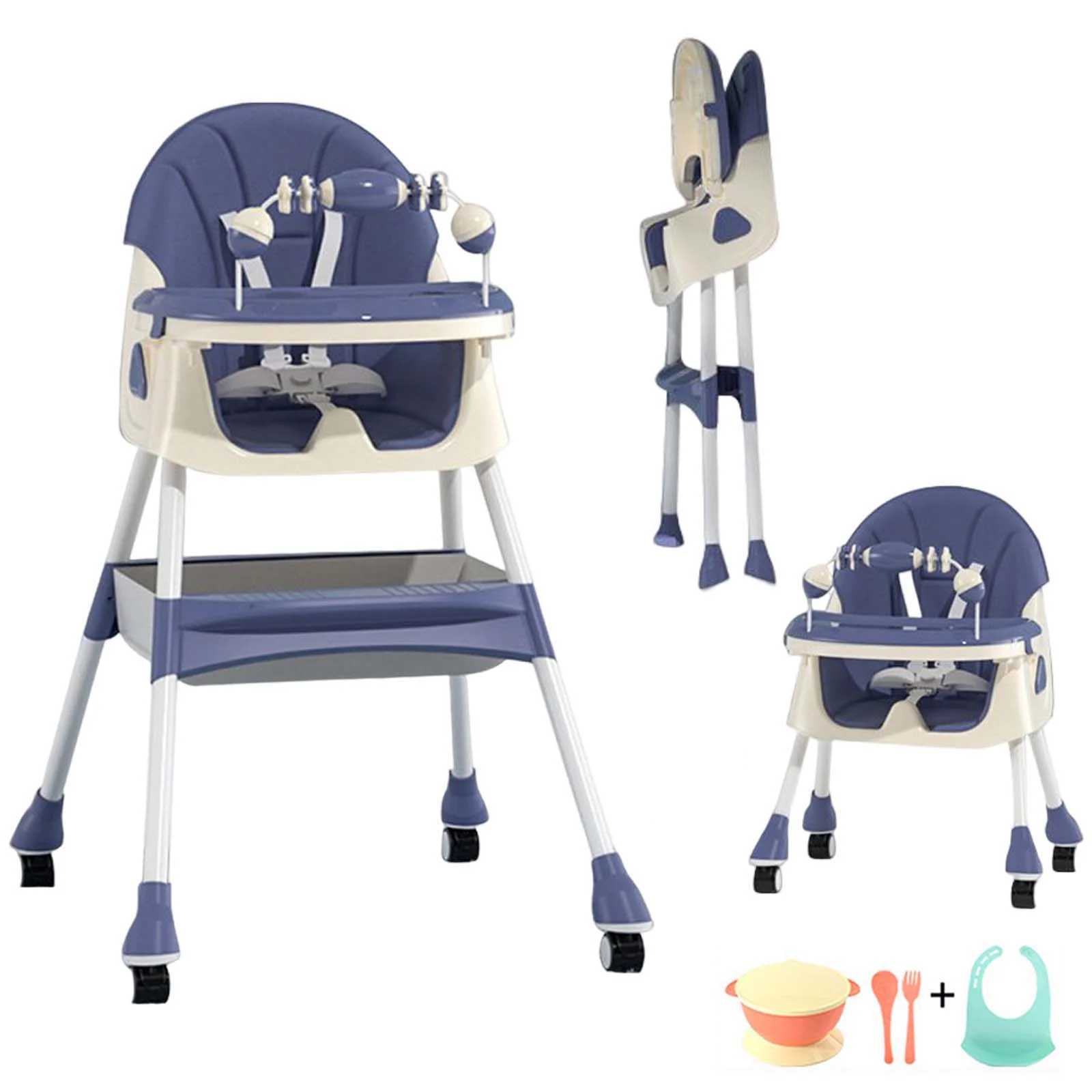 EONROACOO Baby Highchair with 5-point Snap Button. High Chair for Babies with Double-Layer Tray and Toys. Blue - Cheap Abt
