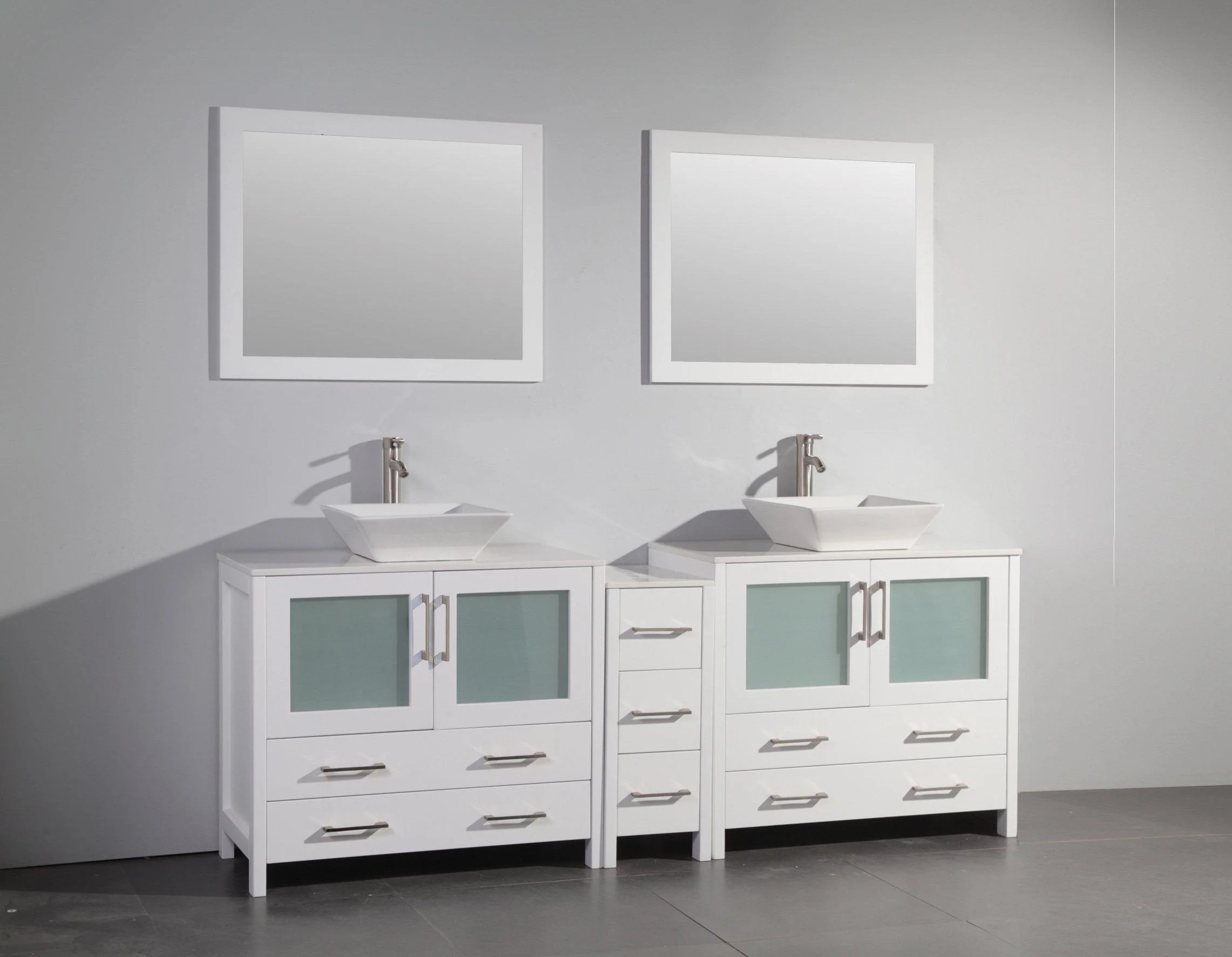 Vanity Art 84 in. Double Sink Vanity Cabinet (Wide) with Ceramic Vessel Sink & Mirror - White, VA3136-84W - Cheap Abt