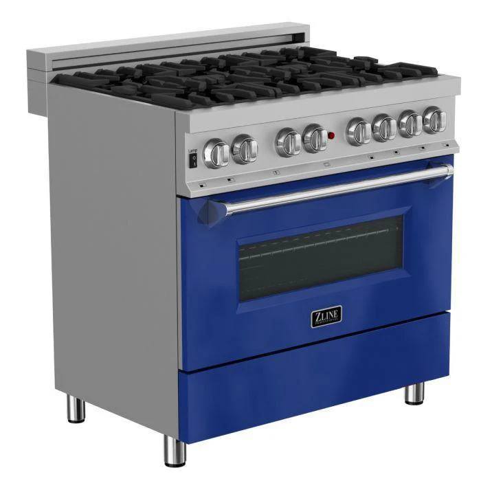 ZLINE 36 in. Professional Gas Burner/Electric Oven in DuraSnow® Stainless with Blue Gloss Door, RAS-BG-36 - Cheap Abt