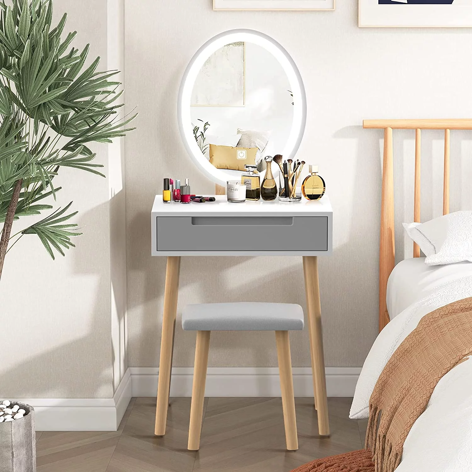 ELECWISH Makeup Vanity with Mirror Bedroom Vanity Desk with Drawers and Cushioned Stool Modern Dressing Table.Oval Mirror Gray - Cheap Abt
