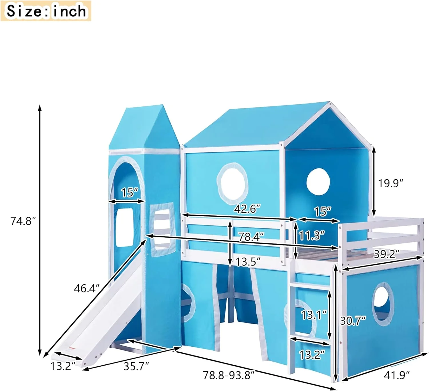 Low Loft Bed With Slide And Curtains Over Floor Bunk Bed With House Shape Tent And Tower. Wood Castle Loft Beds For Kids Boys Girls. Blue - Cheap Abt