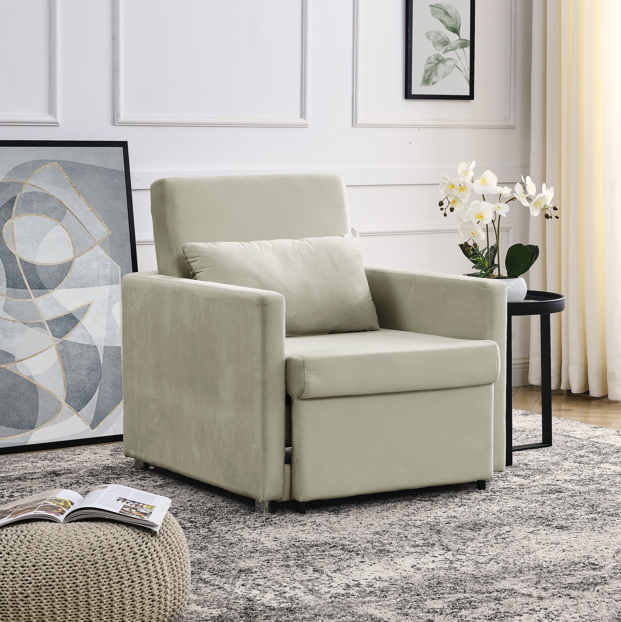 Sofa Bed Chair 2-in-1 Convertible Chair Bed. Lounger Sleeper Chair for Small Space with One Pillow. Beige Velvet - Cheap Abt