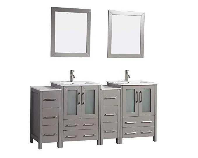 Vanity Art 72 in. Double Sink Vanity Cabinet with Ceramic Sink & Mirror - Grey, VA3024-72G - Cheap Abt