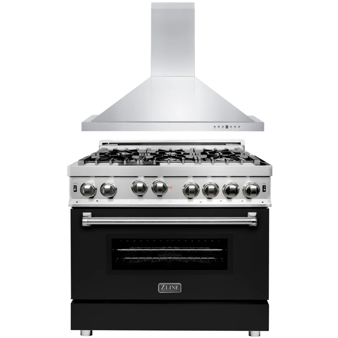 ZLINE 36 in. Gas Range with Black Matte Door & 36 in. Range Hood Appliance Package, 2KP-RGBLMRH36 - Cheap Abt