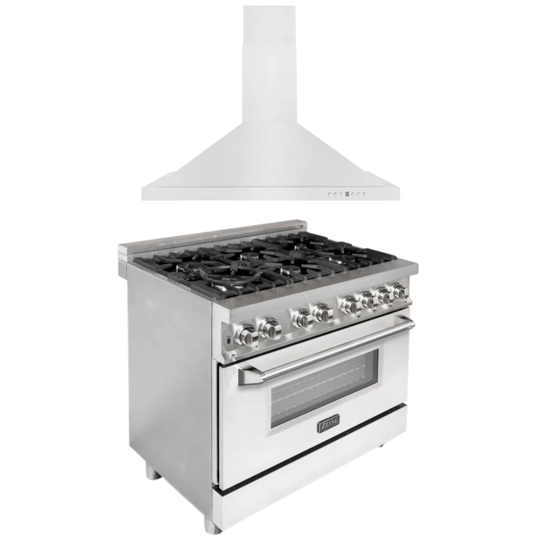 ZLINE Kitchen and Bath 36 in. Dual Fuel Range with White Matte Door & 36 in. Range Hood Appliance Package, 2KP-RAWMRH36 - Cheap Abt