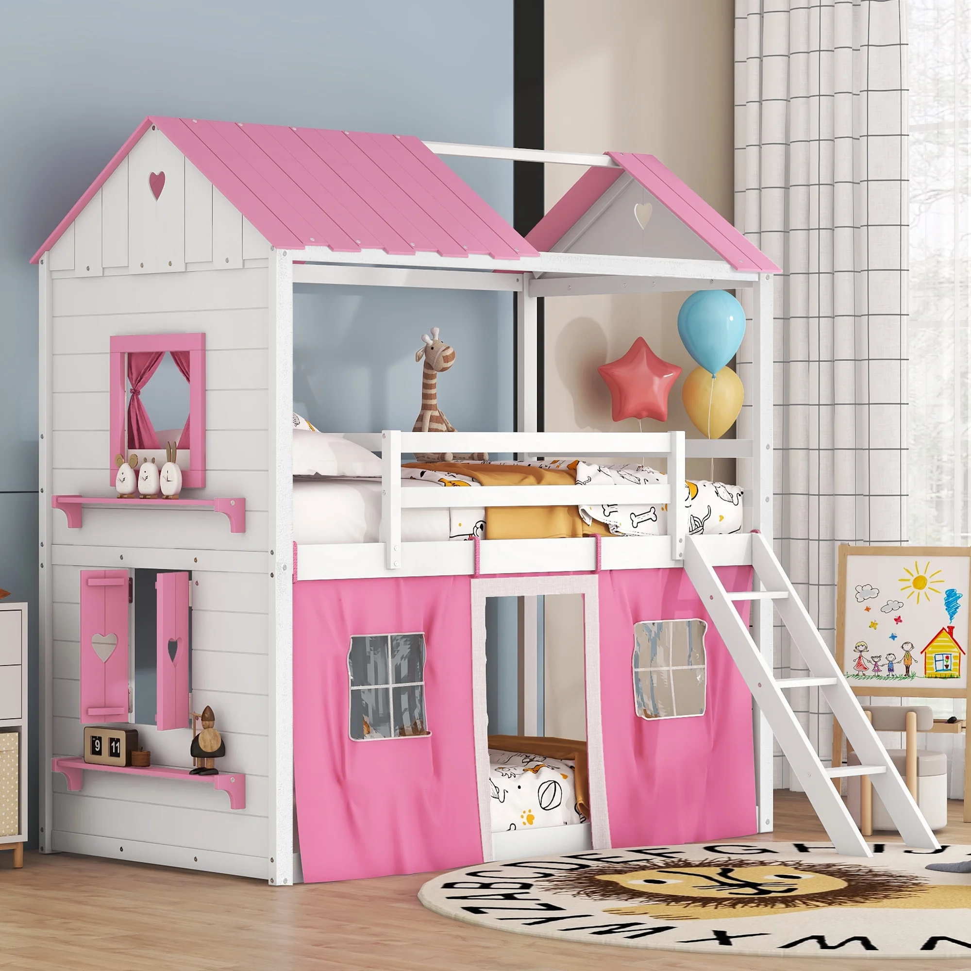 Twin Size Bunk Wood House Bed with Elegant Windows. Sills and Tent. Pink+White - Cheap Abt