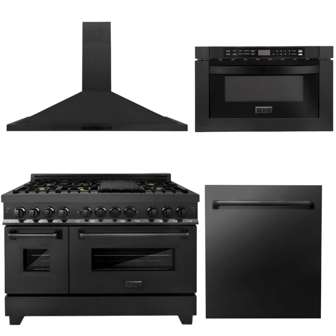 ZLINE Black Stainless Steel Appliance Package - 48 in. Dual Fuel Range, Range Hood, Microwave, Dishwasher, 4KP-RABRH48-MWDW - Cheap Abt