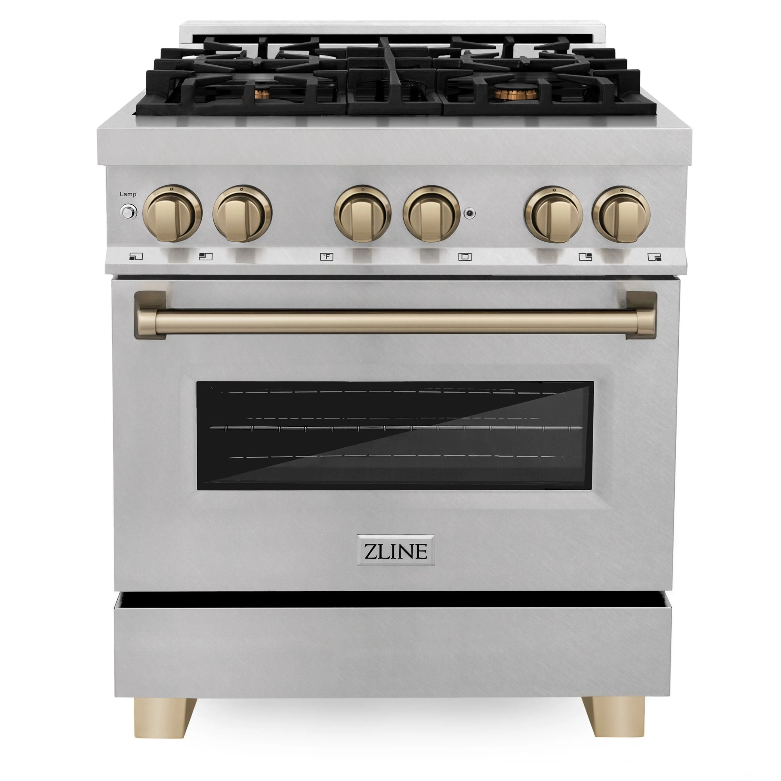 ZLINE Kitchen and Bath 30 Inch Autograph Edition Dual Fuel Range in DuraSnow® Stainless Steel with Champagne Bronze Accents, RASZ-SN-30-CB - Cheap Abt