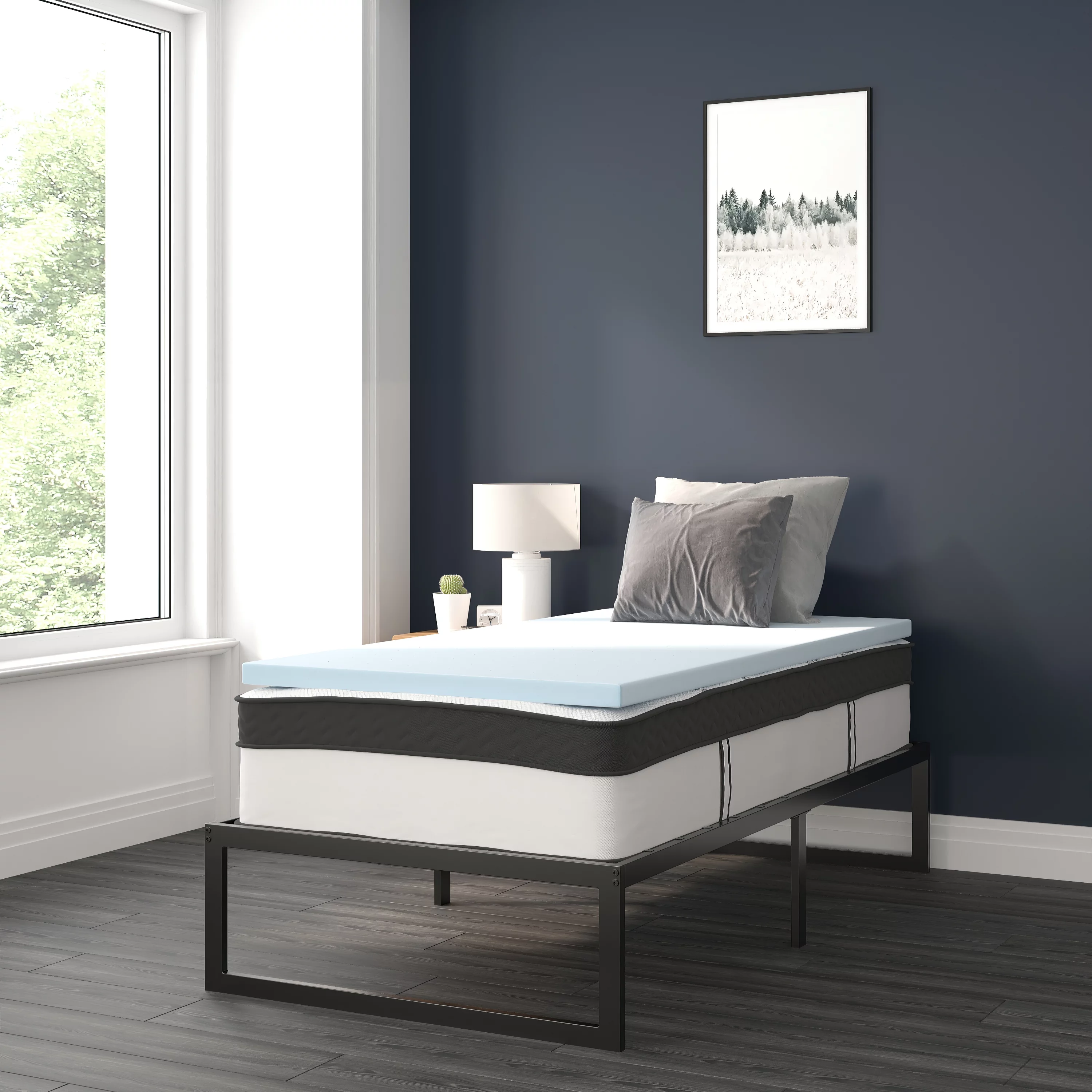 BizChair 14 Inch Metal Platform Bed Frame with 12 Inch Pocket Spring Mattress in a Box and 2 Inch Cool Gel Memory Foam Topper - Twin - Cheap Abt