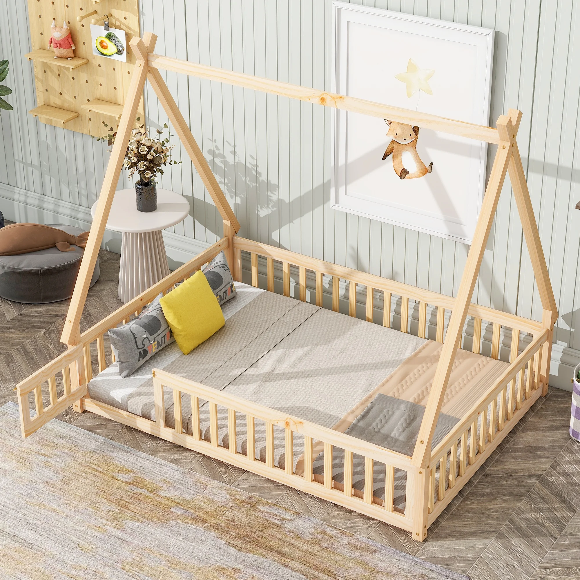 Full Tent-shaped Floor Bed. with Guardrails. Slats. Door .Natural - Cheap Abt