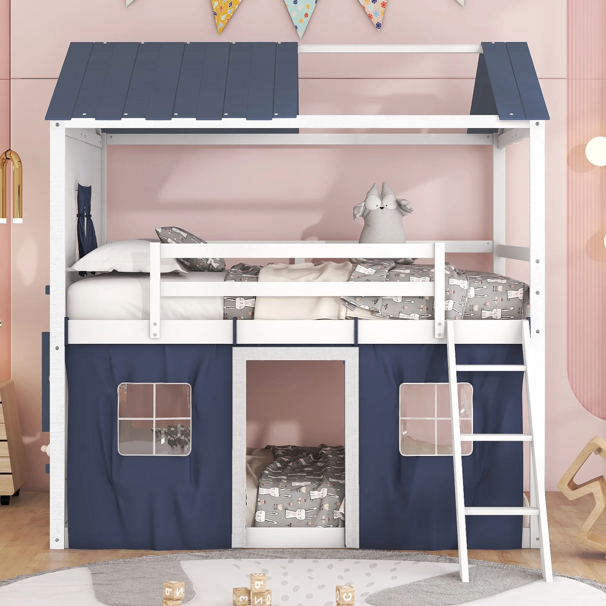 CoSoTower Full Size Bunk Wood House Bed with Elegant Windows. Sills and Tent. Blue+White - Cheap Abt