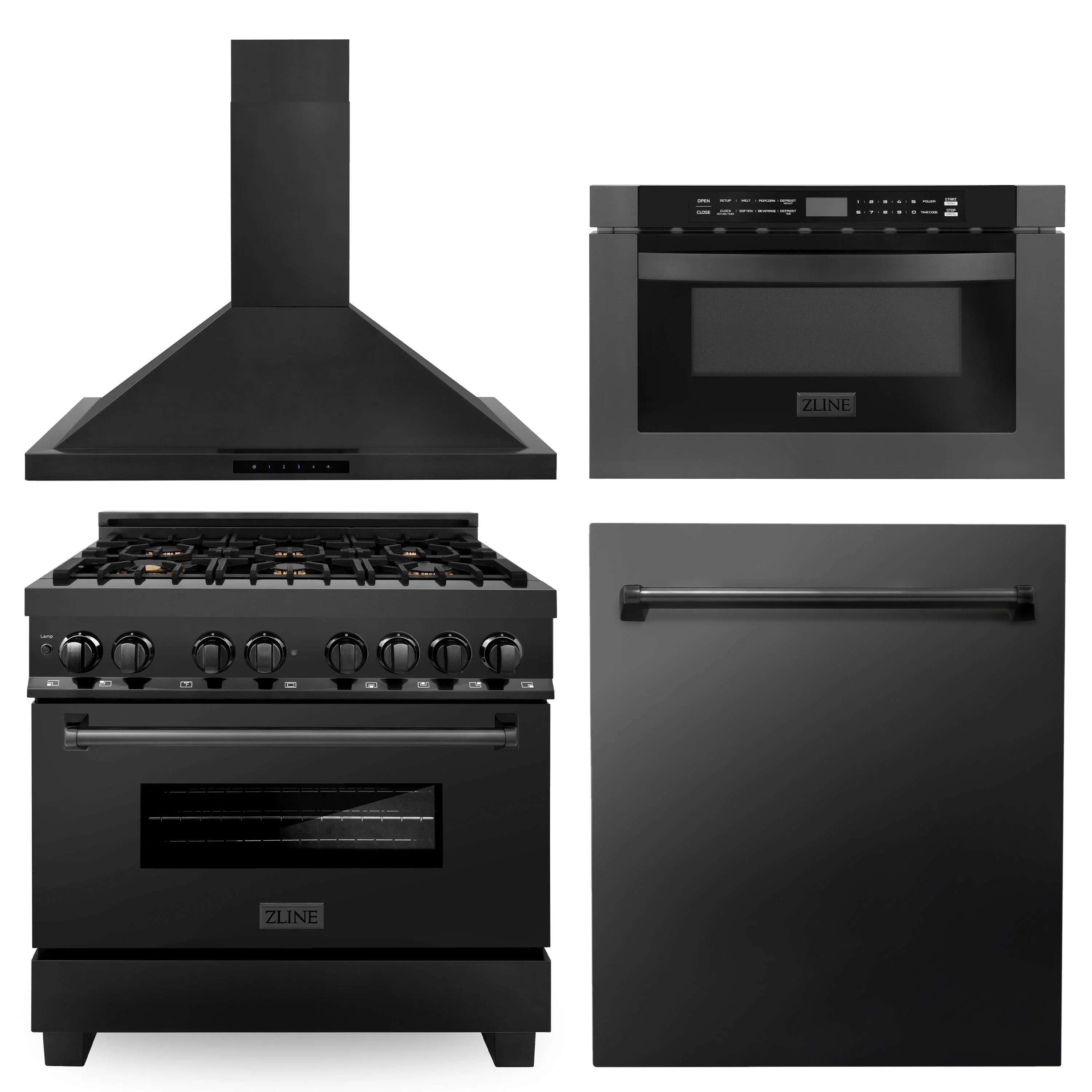 ZLINE Appliance Package - 36 in. Dual Fuel Range, Range Hood, Microwave, Dishwasher in Black Stainless Steel, 4KP-RABRBRH36-MWDW - Cheap Abt
