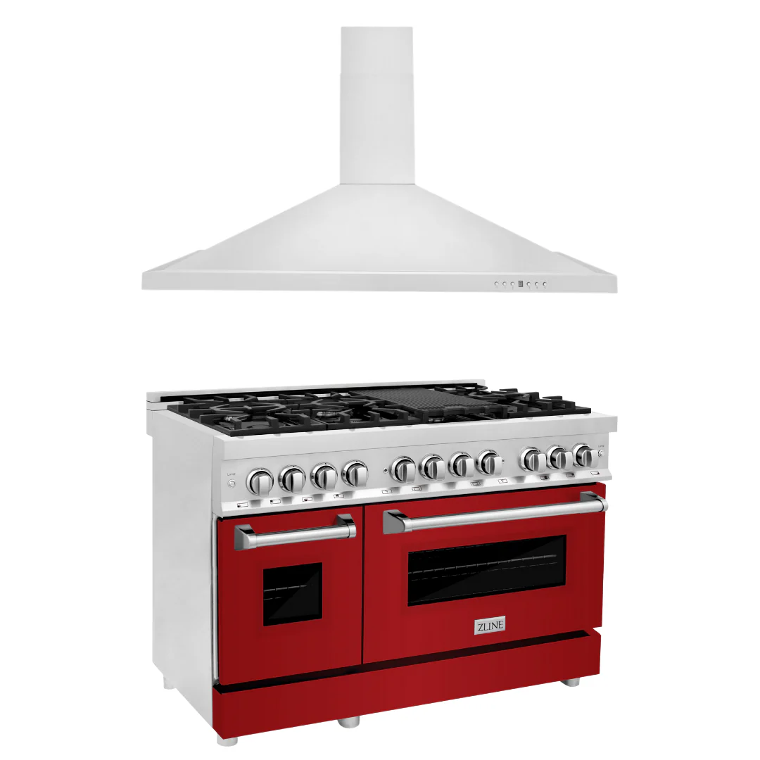 ZLINE 48 in. Dual Fuel Range with Red Gloss Door & 48 in. Range Hood Appliance Package, 2KP-RARGRH48 - Cheap Abt