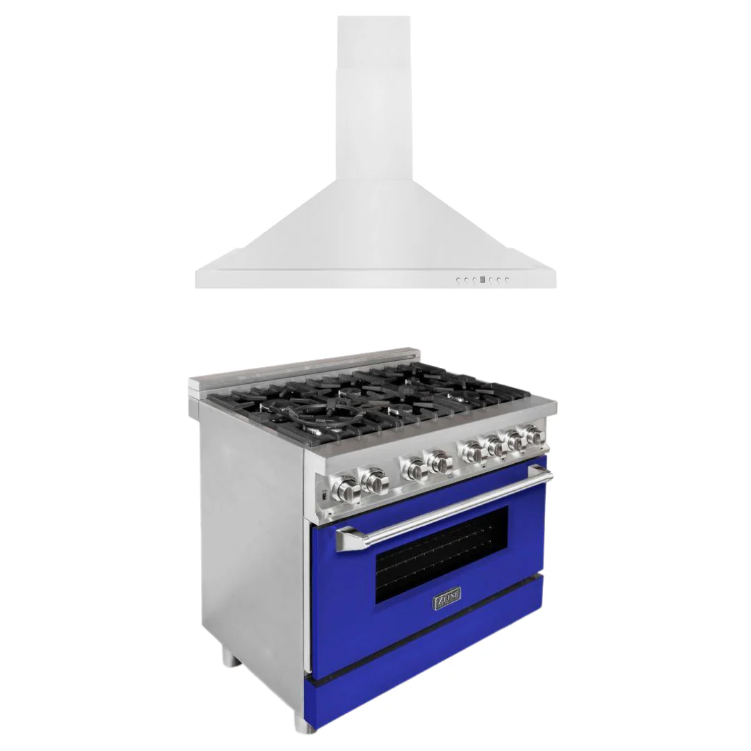 ZLINE Kitchen and Bath 36 in. Dual Fuel Range with Blue Matte Doors & 36 in. Range Hood Appliance Package, 2KP-RABMRH36 - Cheap Abt