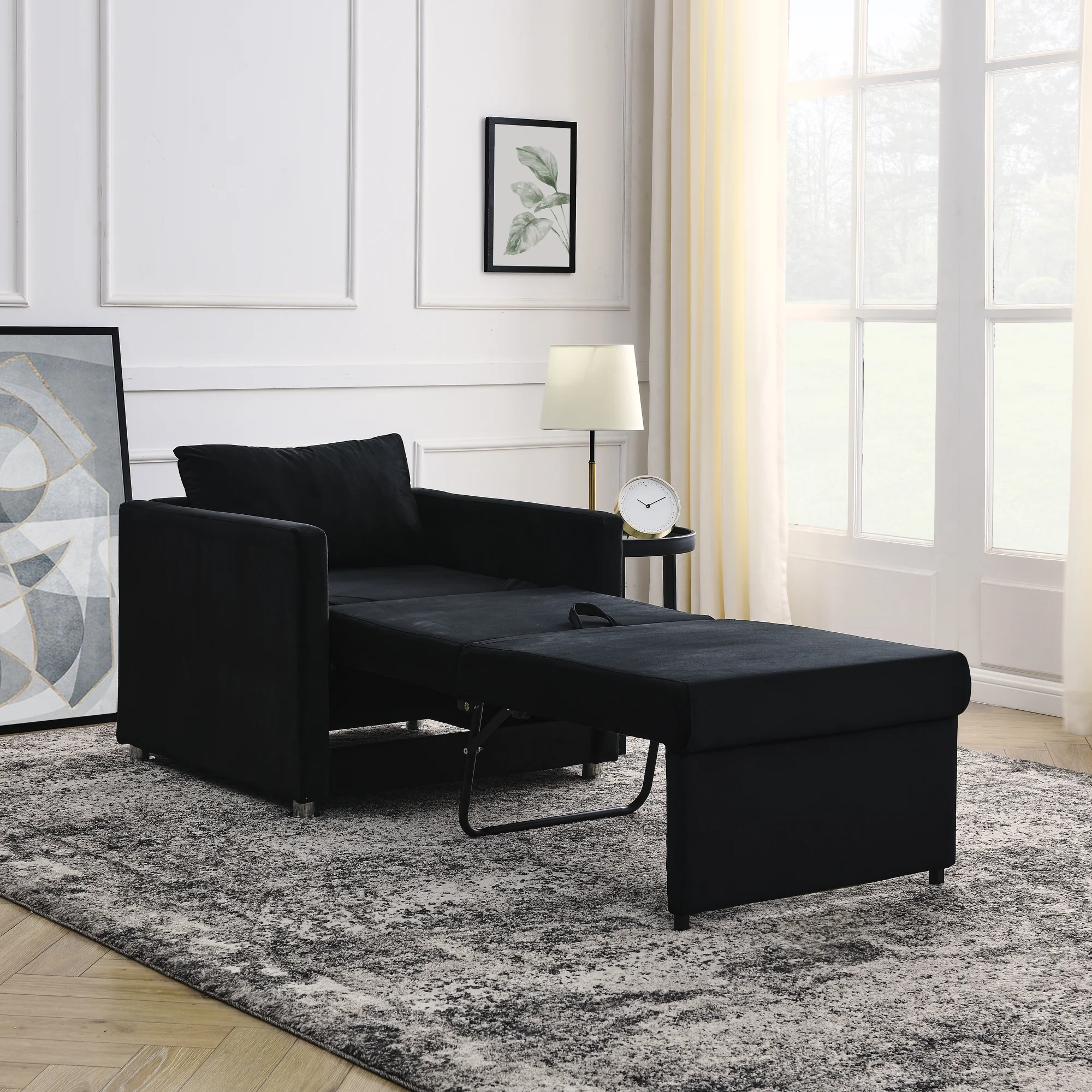 Sofa Bed Chair 2-in-1 Convertible Chair Bed. Lounger Sleeper Chair for Small Space with One Pillow. Black Velvet - Cheap Abt