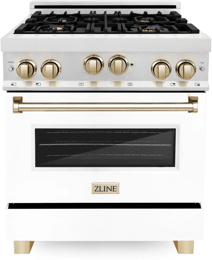 ZLINE 30 Inch Autograph Edition Gas Range in DuraSnow® Stainless Steel with White Matte Door and Champagne Bronze Accents, RGSZ-WM-30-CB - Cheap Abt