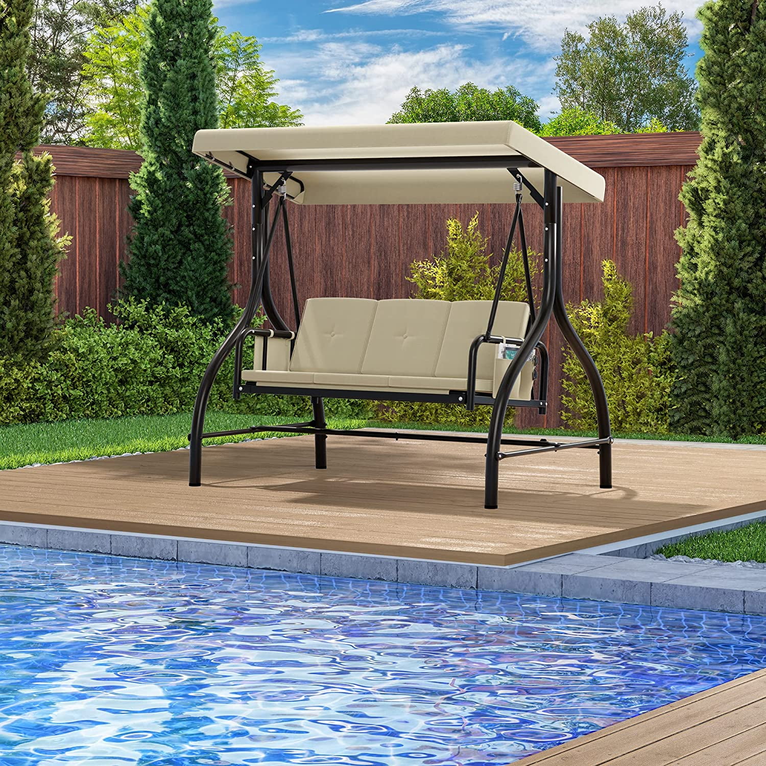 Dextrus Porch Swing Bed 3-Seats Outdoor Patio Swing Heavy Duty Swing Chair with Adjustable Canopy Removable Cushion . Beige - Cheap Abt