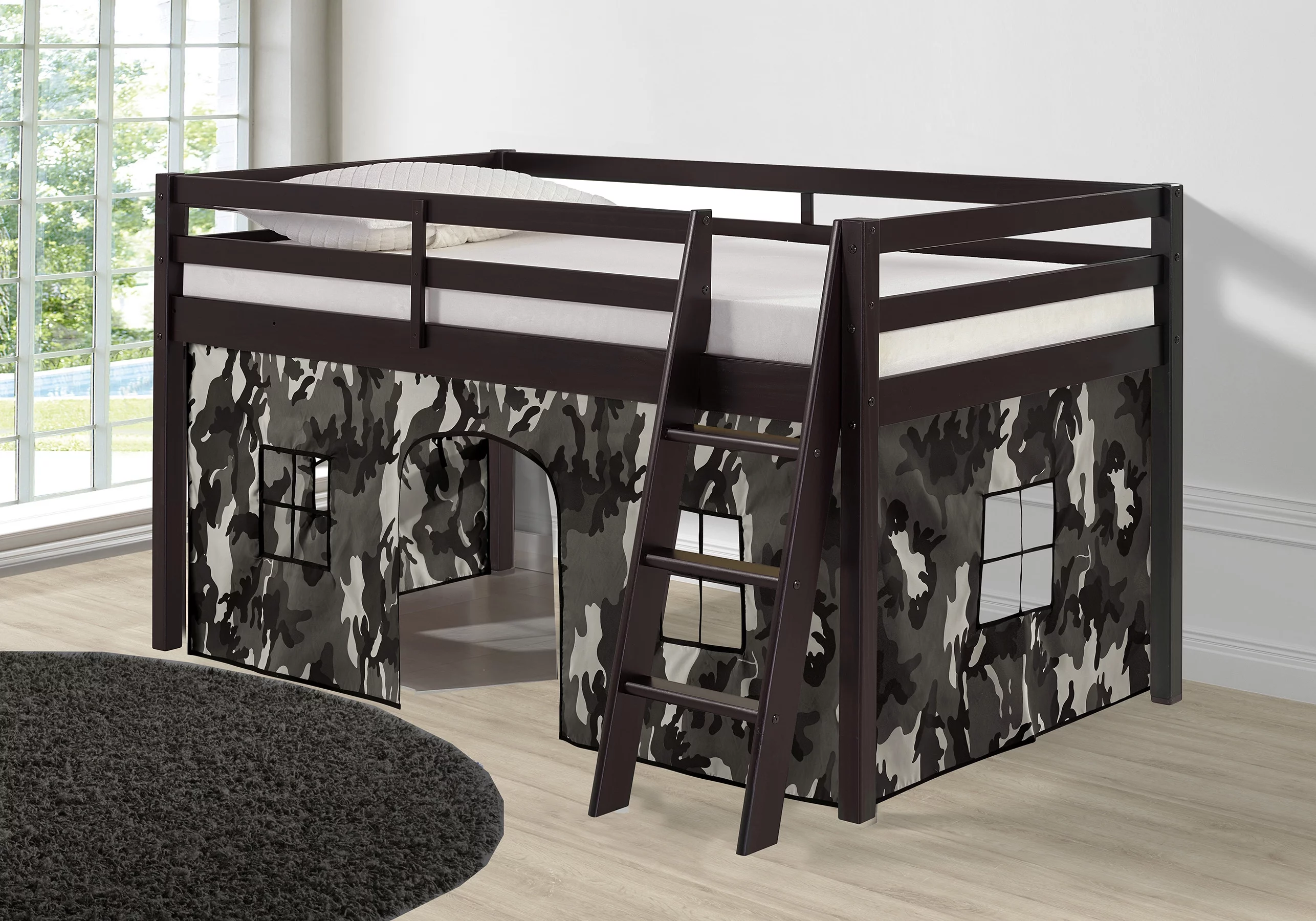 Roxy Twin Wood Junior Loft Bed with Espresso with Gray Camo Bottom Tent - Cheap Abt